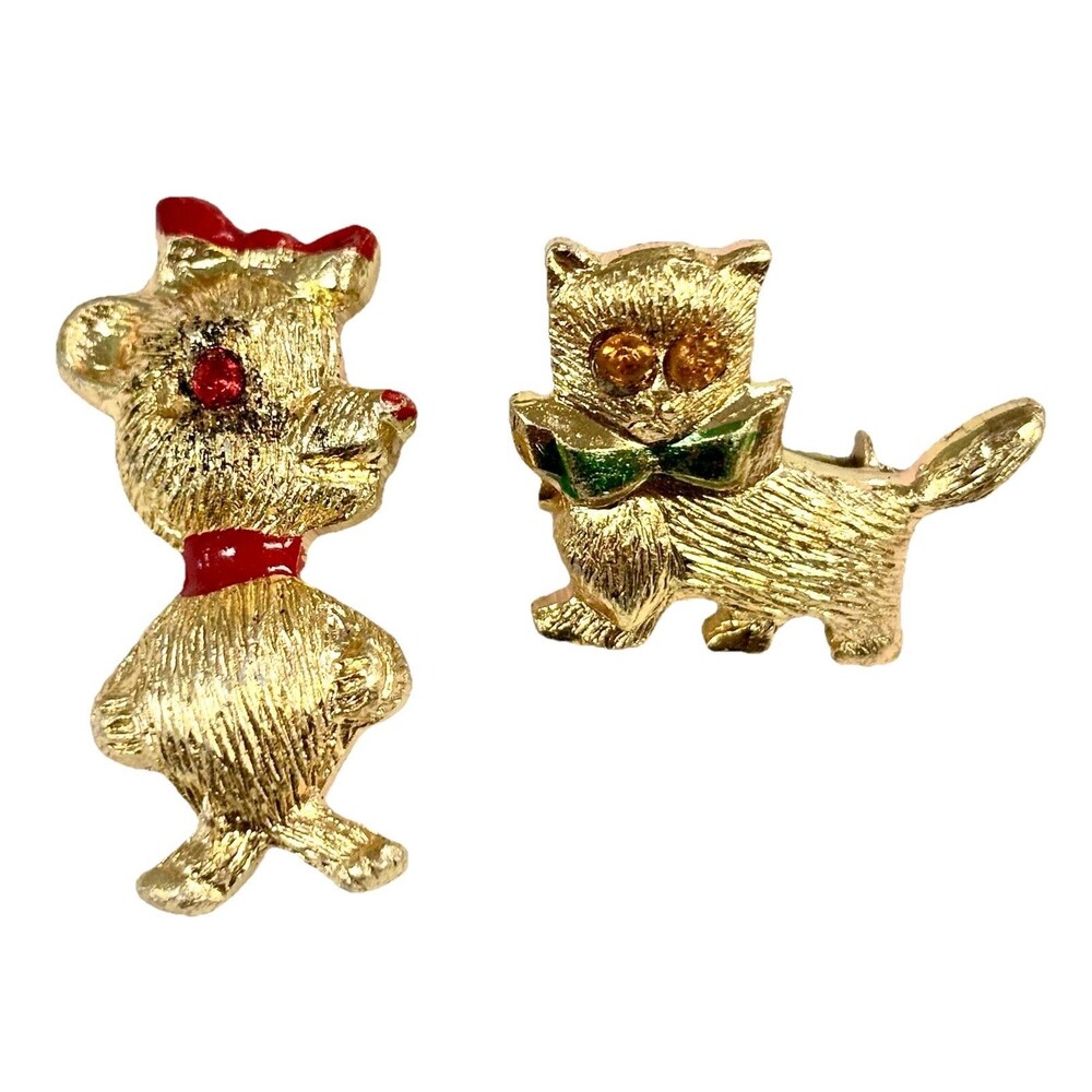 Vintage Hong Kong Cat Bear Brooch Pin Lot Gold Tone Rhinestone Enamel
